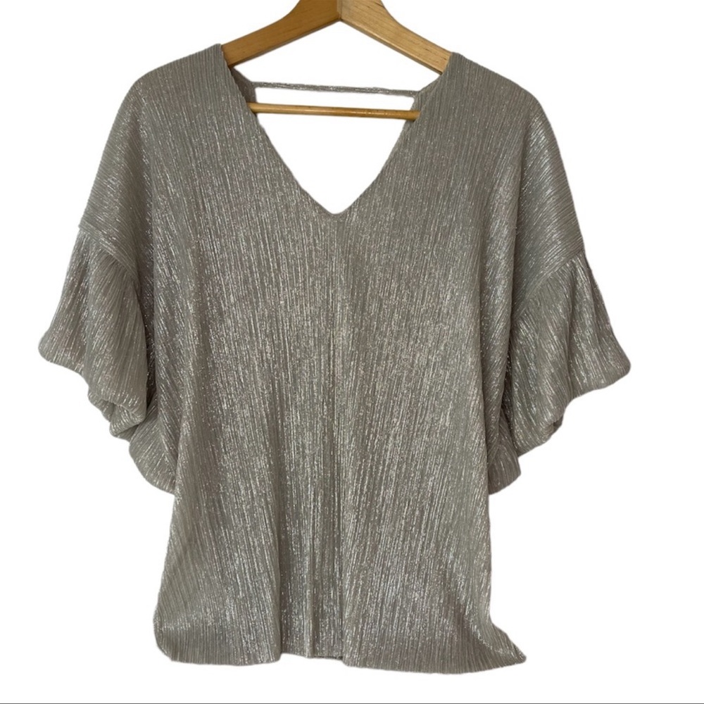 Vanessa+Virginia Blouse Puff Sleeve V Neck Champagne Metallic Womens Size XSmall - Picture 2 of 15